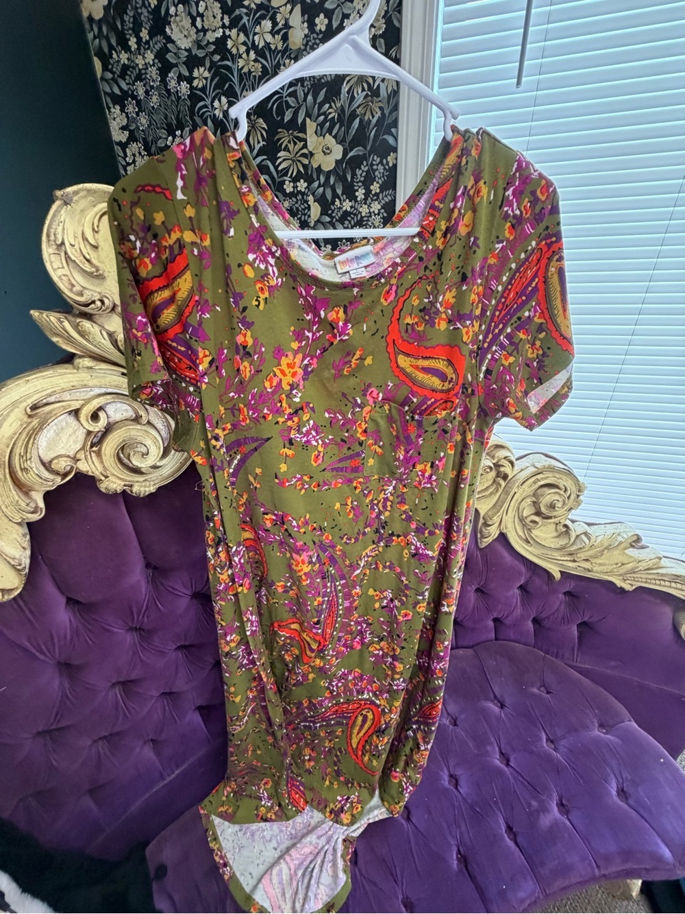 LuLaRoe Olive Green Paisley Floral Maxi Dress with Pink & Orange Accents